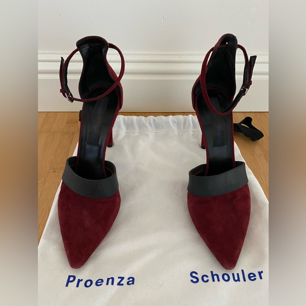 Barely worn Proenza Schouler heels. Suede maroon with a unique gray rubber band